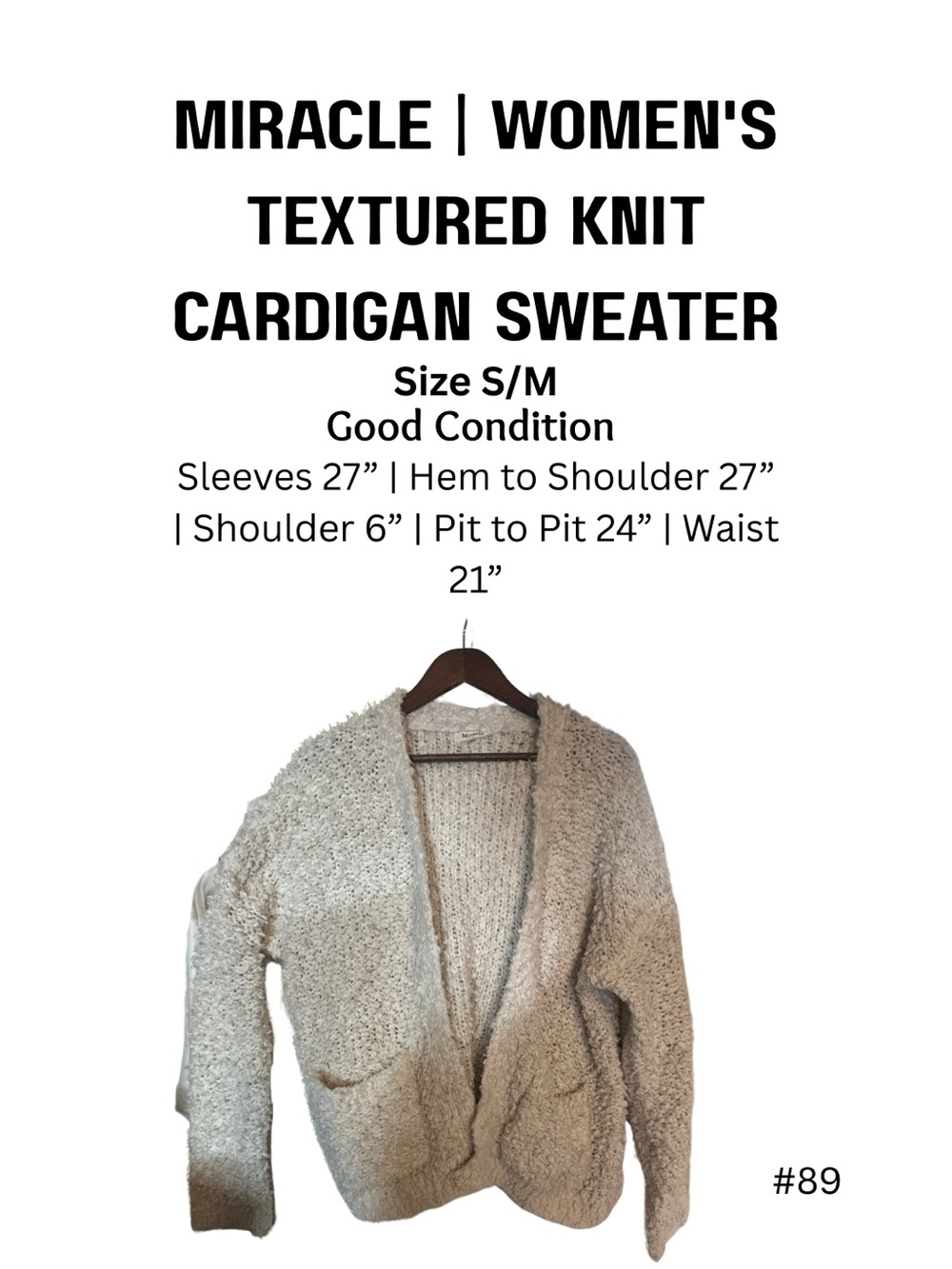 Miracle Women Textured Knit Open Front Cardigan Cream S/M Cozy Layer